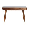 Título técnico em português: **Mesa de Escritório Moderna em Madeira com Tampo de Vidro e Gavetas**